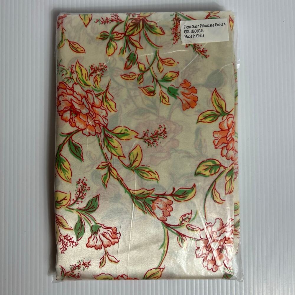 (4) Satin Pillowcases Standard Cottagecore Floral Cream Yellow Pink 20"x30" NEW